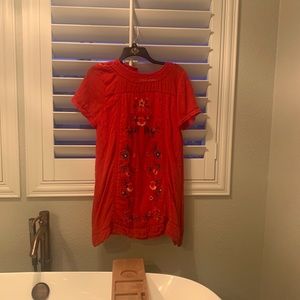 Short Red boho dress with floral embroidery